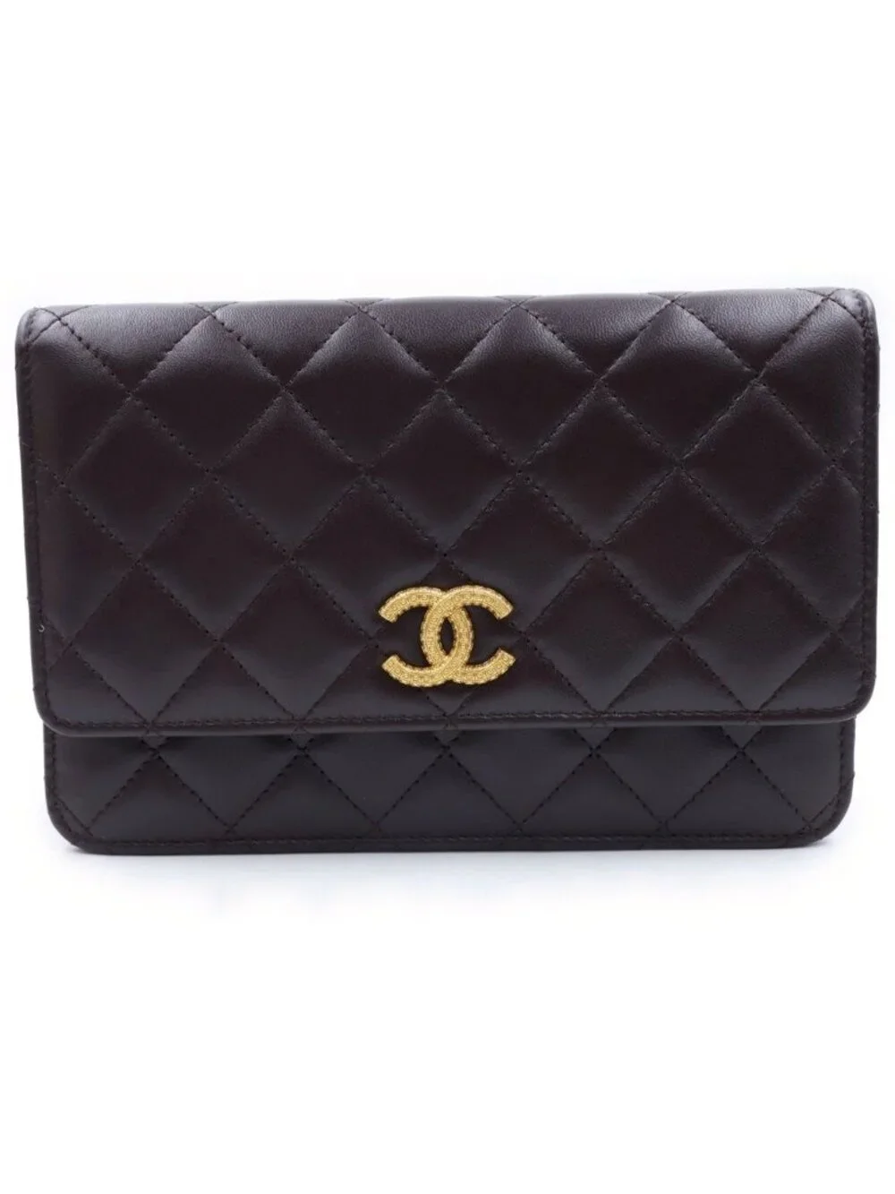 Chanel Quilted Lambskin Leather Chain Wallet Shoulder Bag Gold Brown Plate